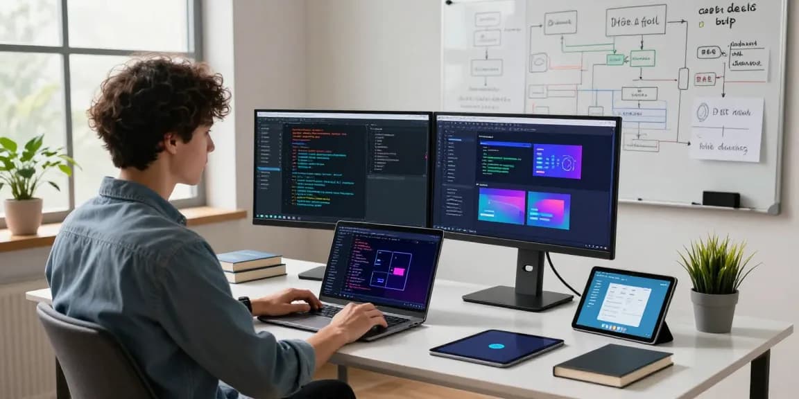 Build internal tools with AI in a dynamic workspace featuring a focused developer coding on dual monitors with natural light.