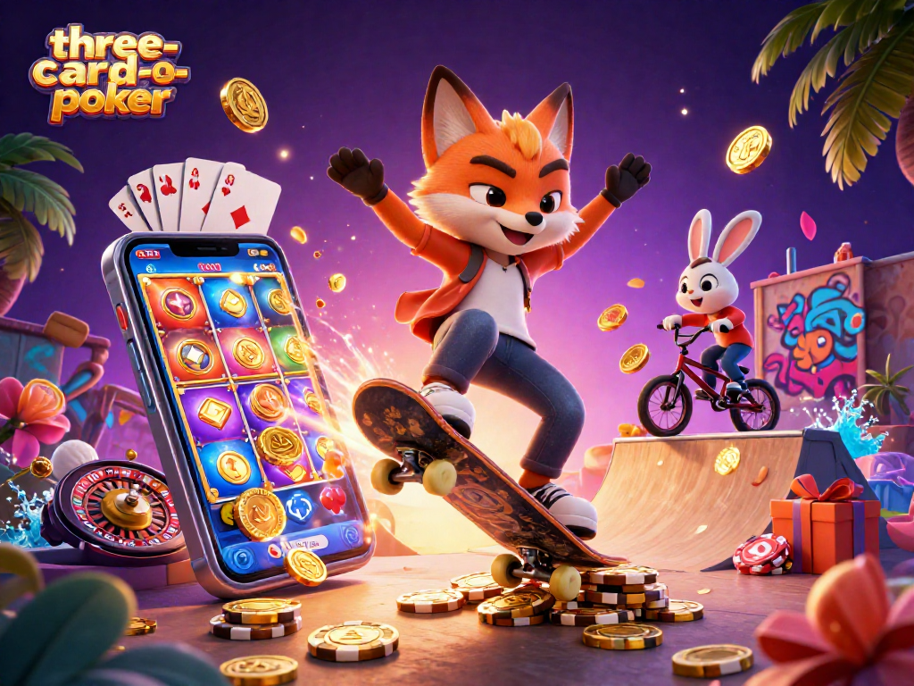 Engage with thrilling three-card-poker gameplay featuring vibrant casino elements and dynamic characters.