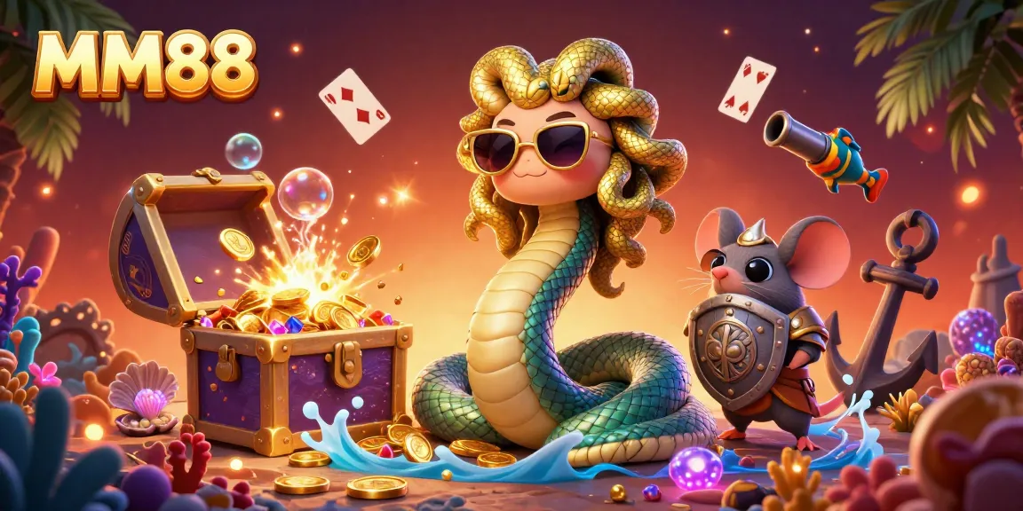 Experience thrilling gameplay at MM88 with an enchanting scene featuring Medusa and a warrior mouse, rich in gaming elements.