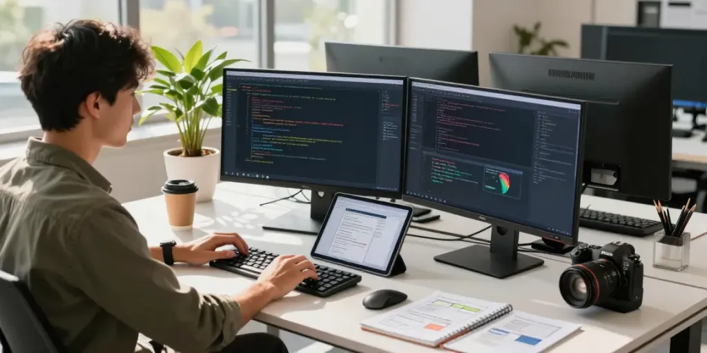 Developer coding with instant indexing tools in a modern tech workspace