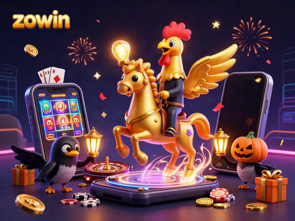 Zowin's vibrant casino scene with a golden rooster and gaming symbols, ideal for gamblers.