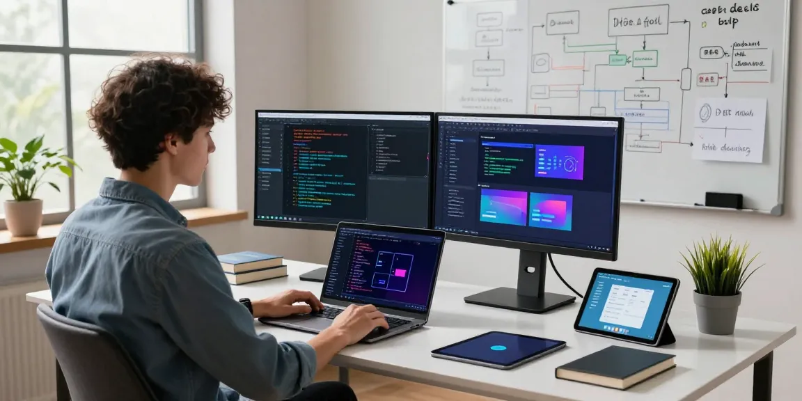 Build internal tools with AI in a dynamic workspace featuring a focused developer coding on dual monitors with natural light.