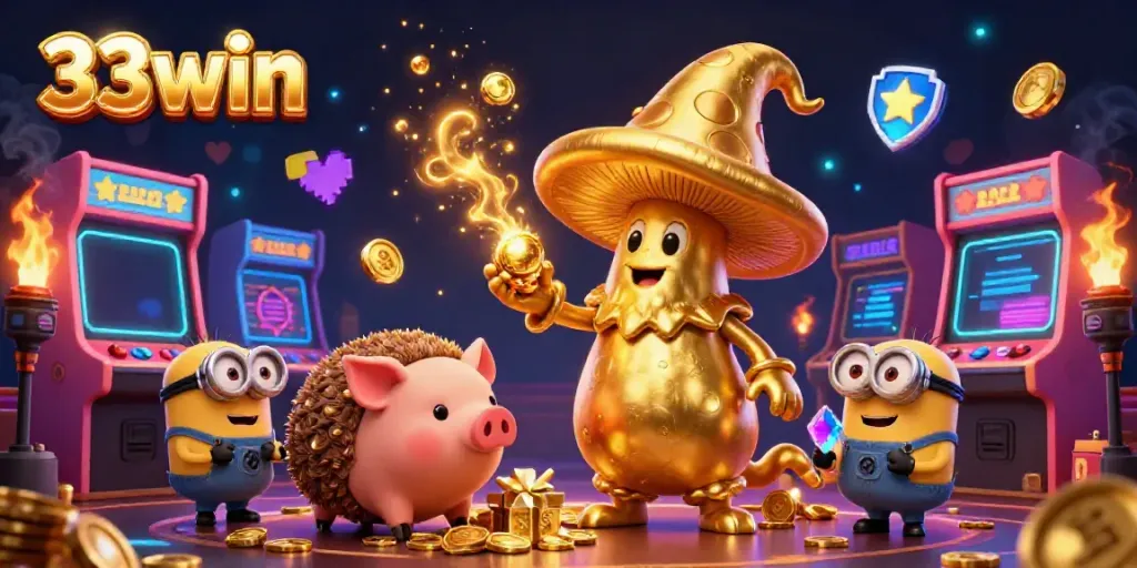 Experience the magic of 33win in a vibrant casino scene with golden characters and arcade game elements.