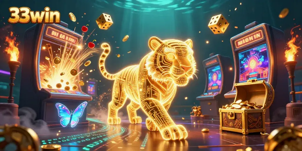 Engage with the stunning world of 33win, where gaming excitement meets vibrant digital illustration in a casino setting.