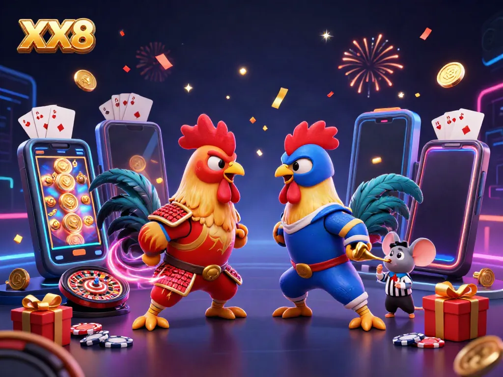 Watch the thrilling standoff between samurai and ninja roosters in a dynamic XX8 casino illustration.
