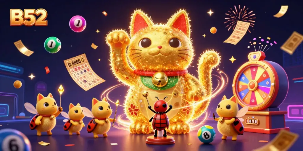 B52 interactive gaming experience featuring a giant lucky cat surrounded by vibrant casino elements and festive energy.