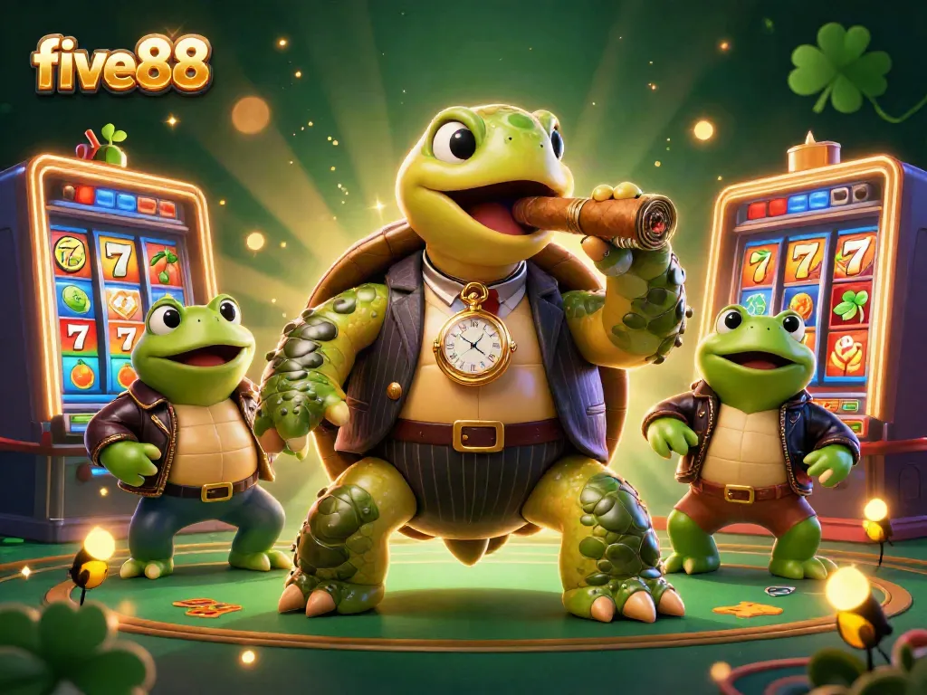 Experience the dynamic casino atmosphere of five88 with a 3D turtle mobster amidst slot machine reels.