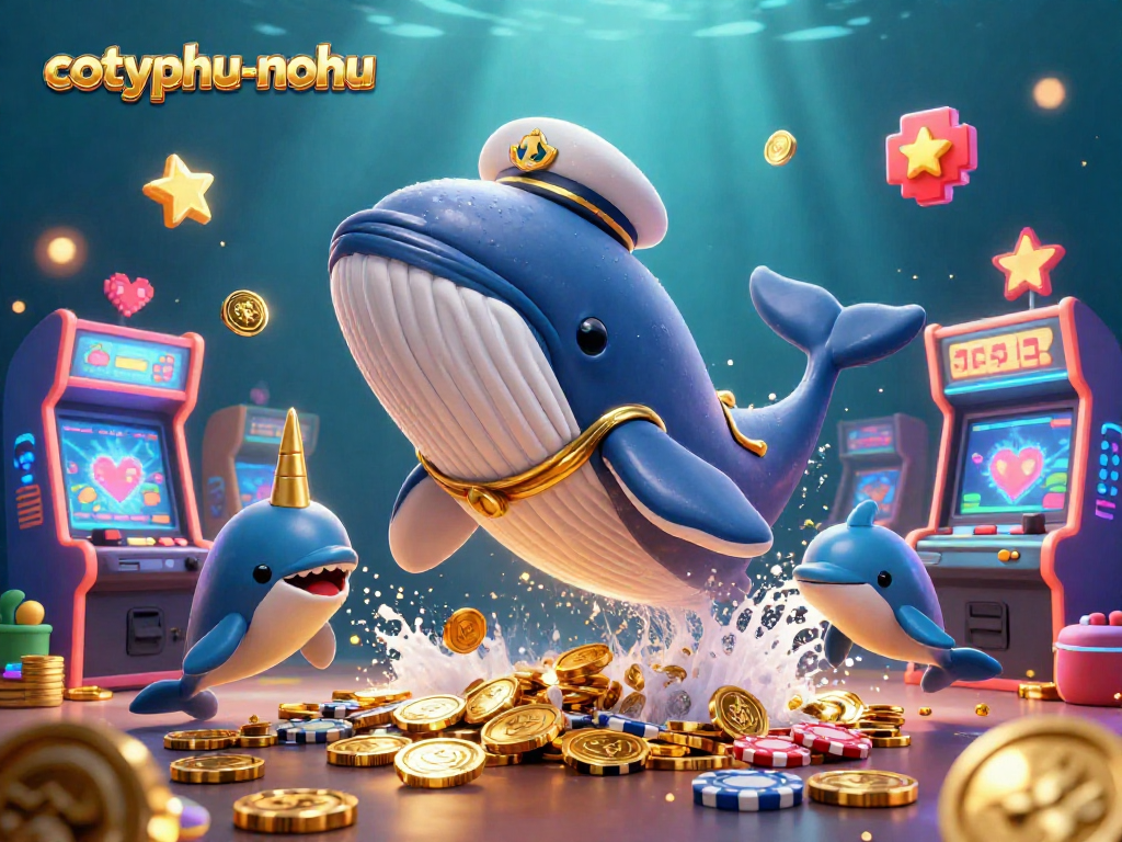 Cotyphu-nohu showcases a whimsical undersea game world with a captain whale and playful dolphins, enhancing your gaming experience.