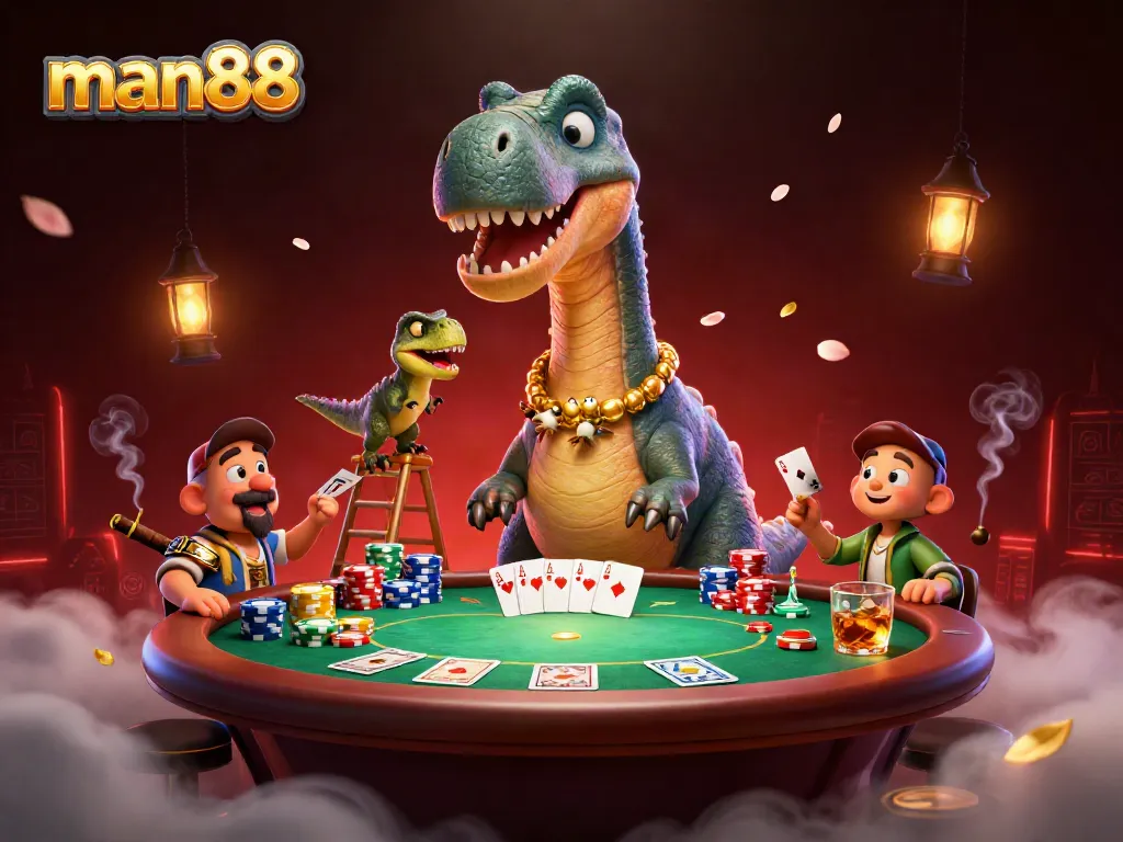 Experience thrilling poker action with man88 featuring a giant brontosaurus and clever raptor dealer.