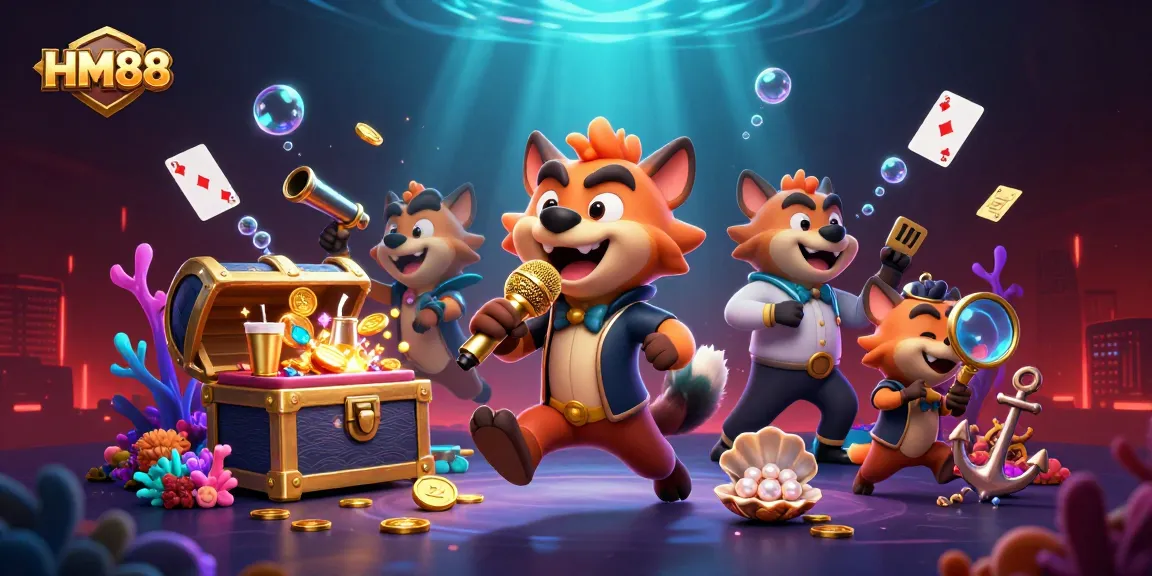 Hyenas running a comedy casino club at HM88, with vibrant underwater treasures and casino lights.