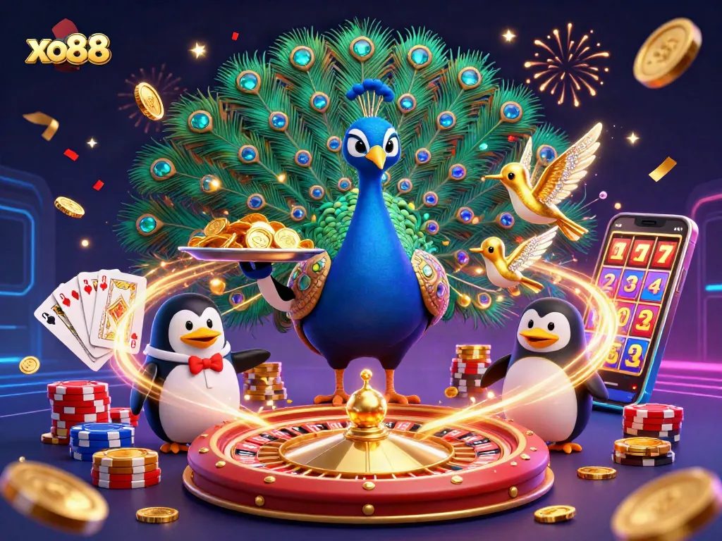 Experience the excitement at xo88 with a vibrant casino scene featuring a majestic peacock and playful characters.