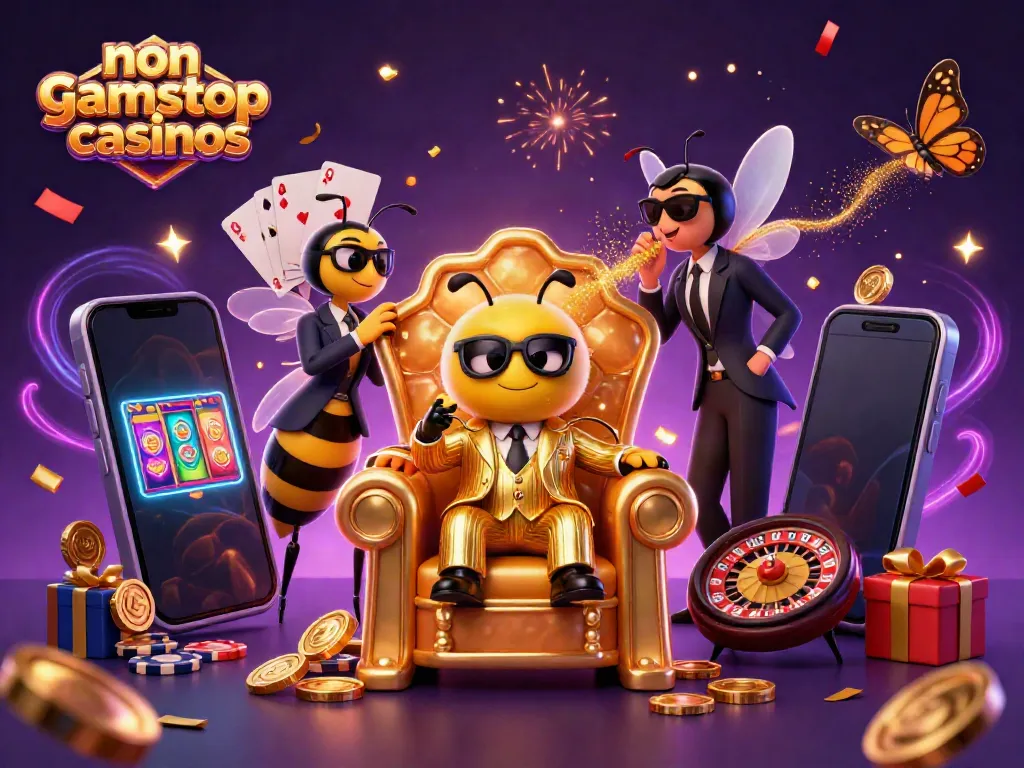Experience the excitement of non gamstop casinos with this vibrant 3D illustration filled with characters and casino elements.