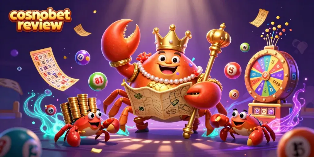 Engaging cosmobet review with golden crab emperor amidst lottery elements and vibrant gaming symbols.