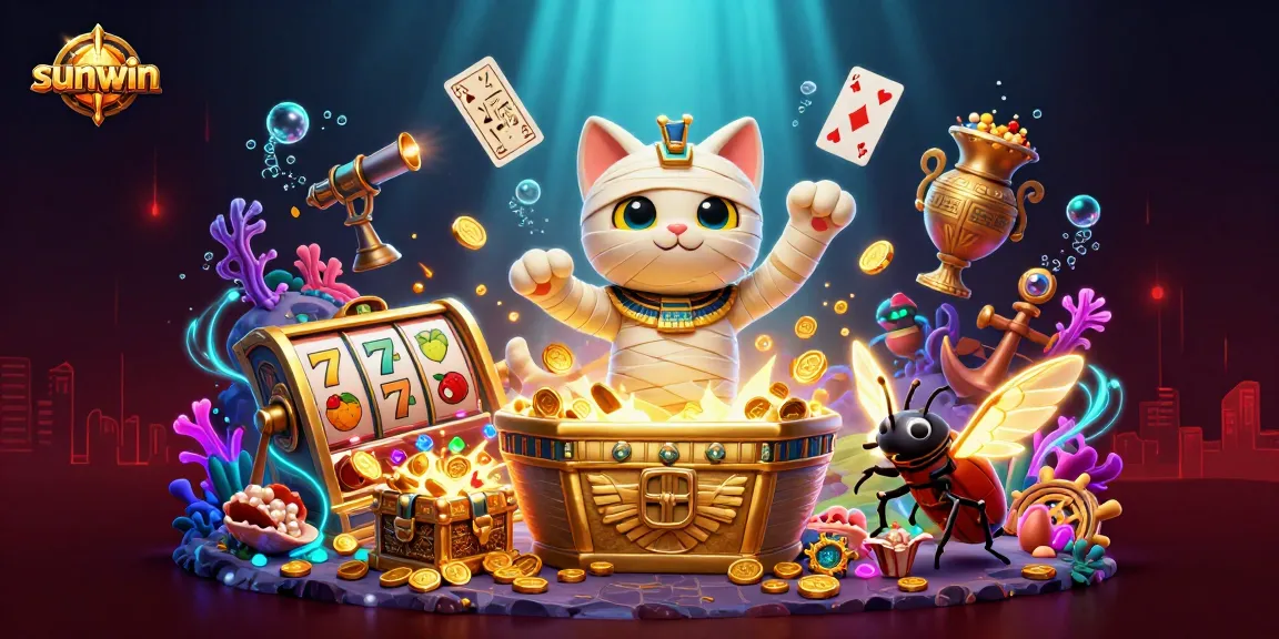 Experience thrilling gameplay with sunwin's vibrant casino illustration featuring a mummy cat, jackpot slots, and treasures!