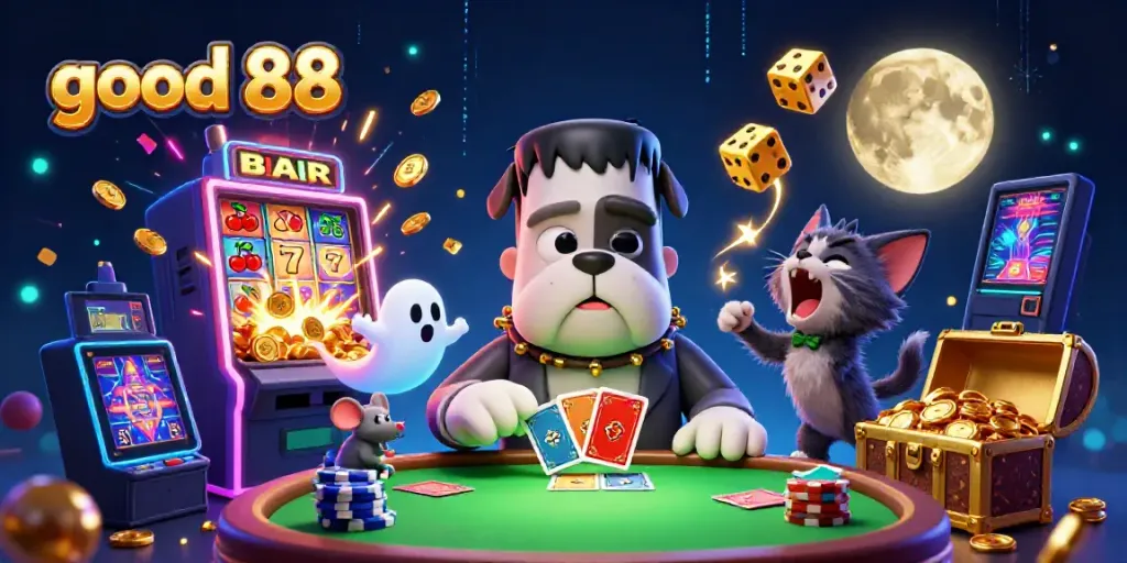 Experience thrilling gameplay at good 88 with a lively 3D casino scene featuring unique characters.