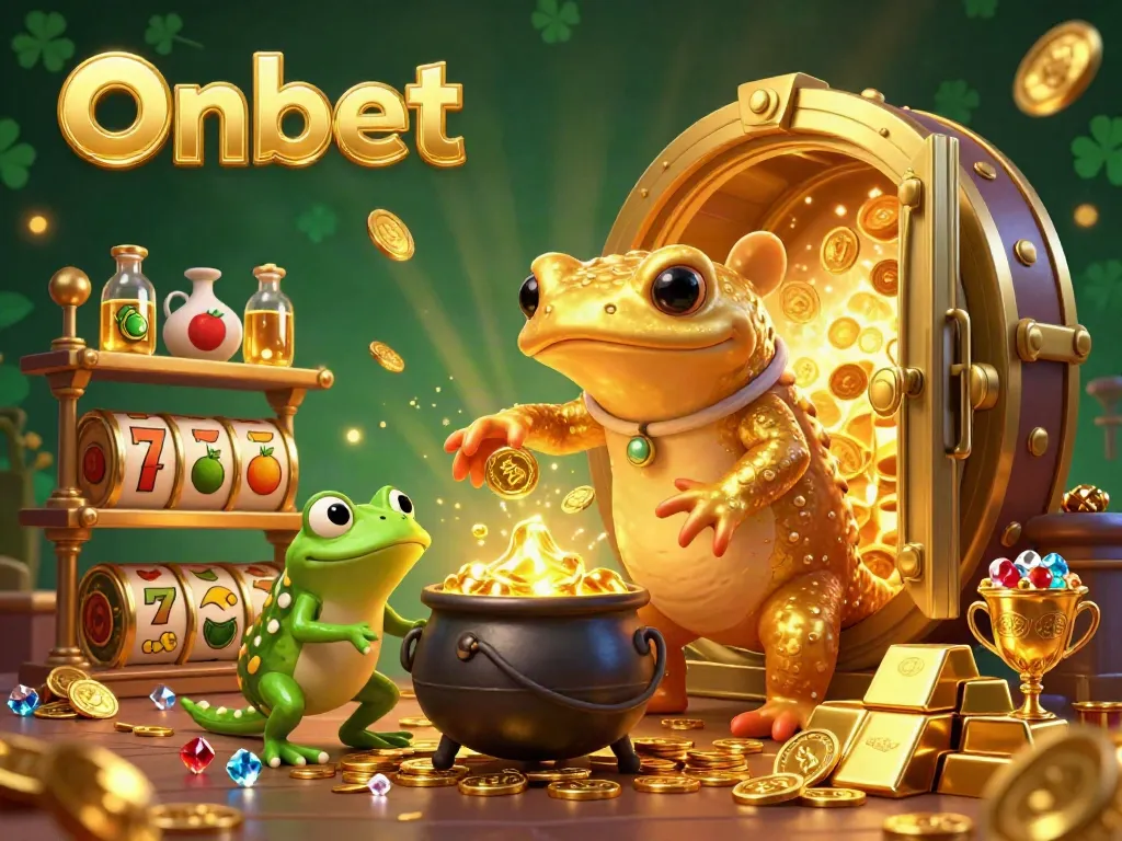 Experience winning with Onbet in a vibrant 3D casino scene featuring golden treasures and slot elements.