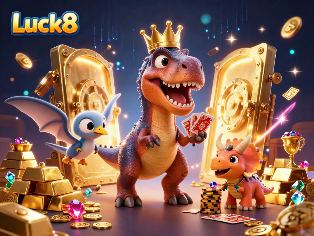 Luck8 highlights a cartoon T-Rex and friends shuffling cards and stacking chips in a vibrant casino scene.
