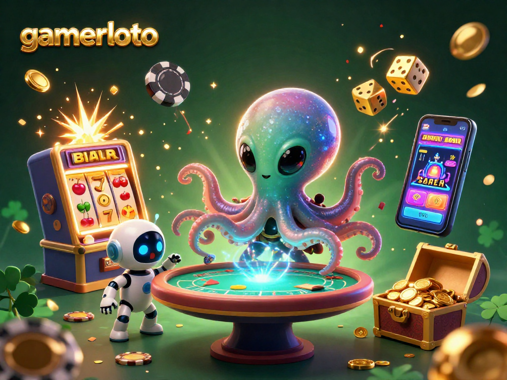 Experience the excitement of gamerloto with a lively 3D scene featuring an alien octopus playing poker.