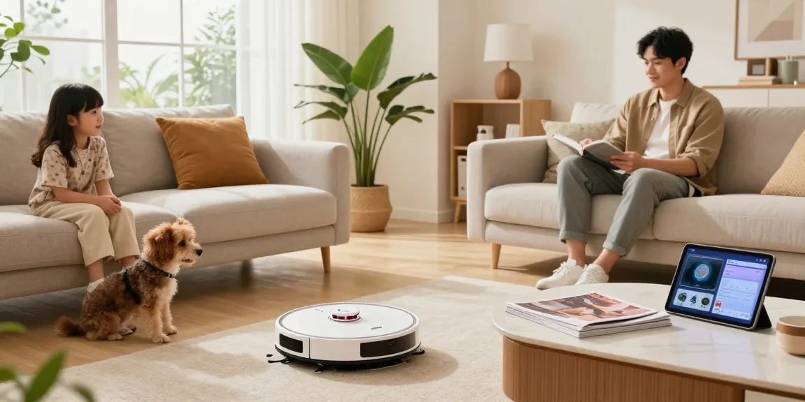 Robot vacuum 2026 model smoothly gliding across a modern living room with a pet dog watching.