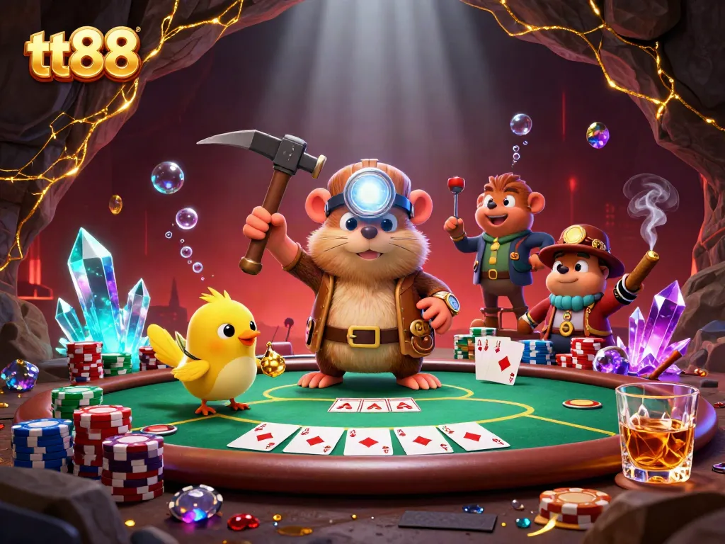 Engage with tt88 in a vibrant 3D illustration featuring a mining mole, poker chips, and casino gameplay.