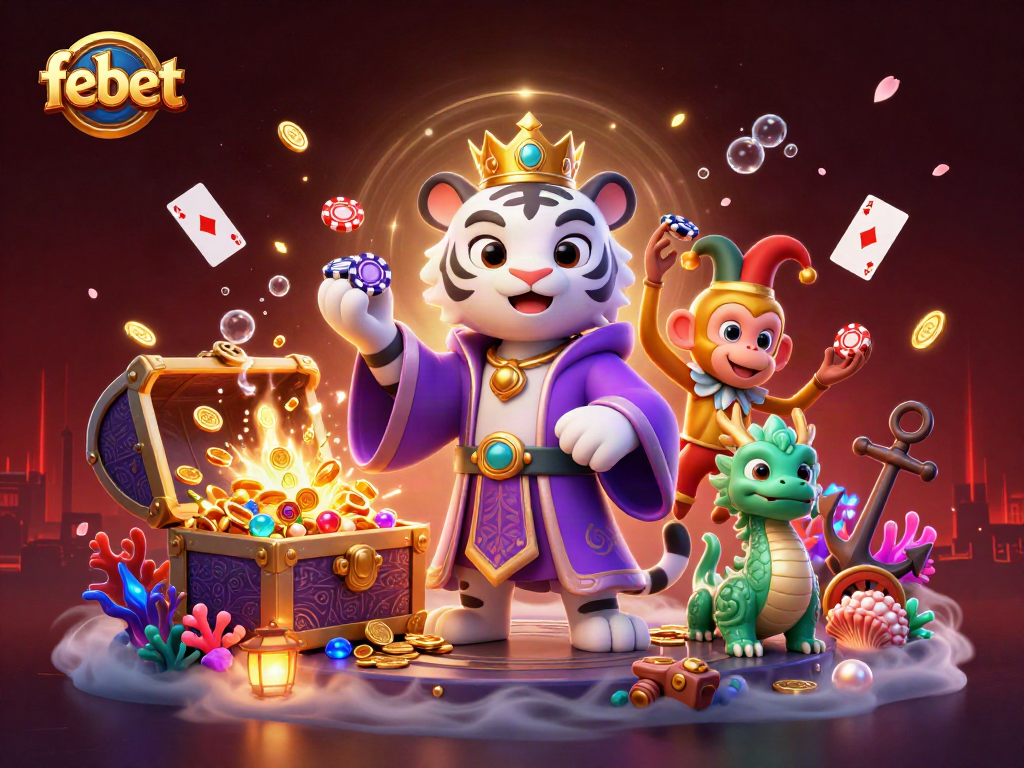 Engage with febet's vibrant casino scene featuring a joyful tiger and monkey in a dynamic backdrop.