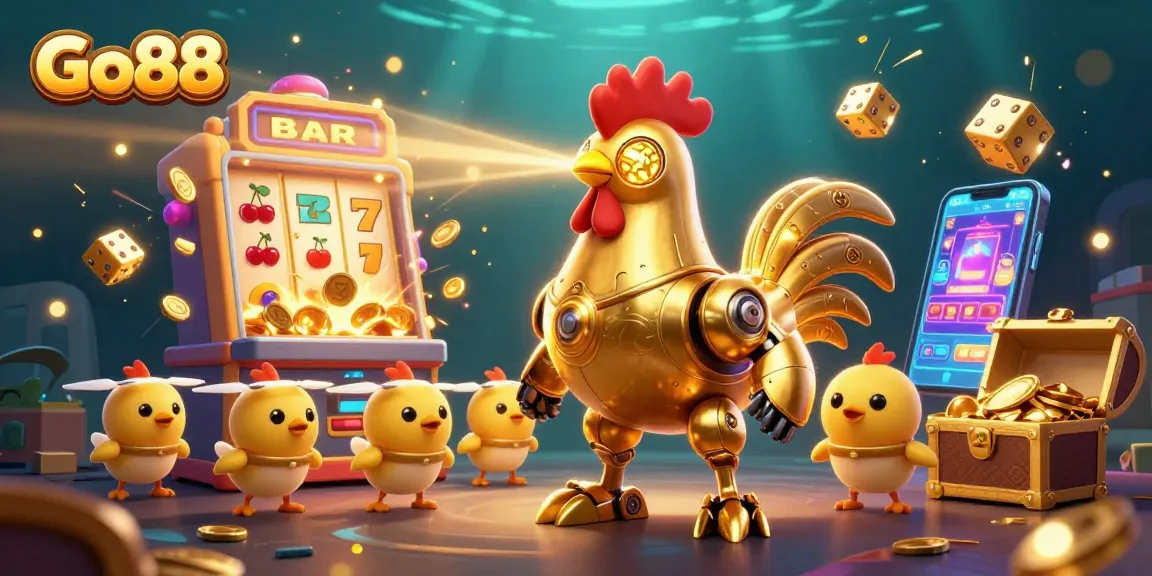 Go88 offers a thrilling gaming experience featuring a dynamic jackpot scene with golden rooster robot and casino elements.
