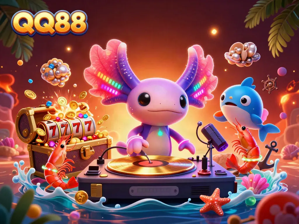 Experience the thrill of QQ88 with vibrant gaming scenes featuring colorful characters and jackpot elements.