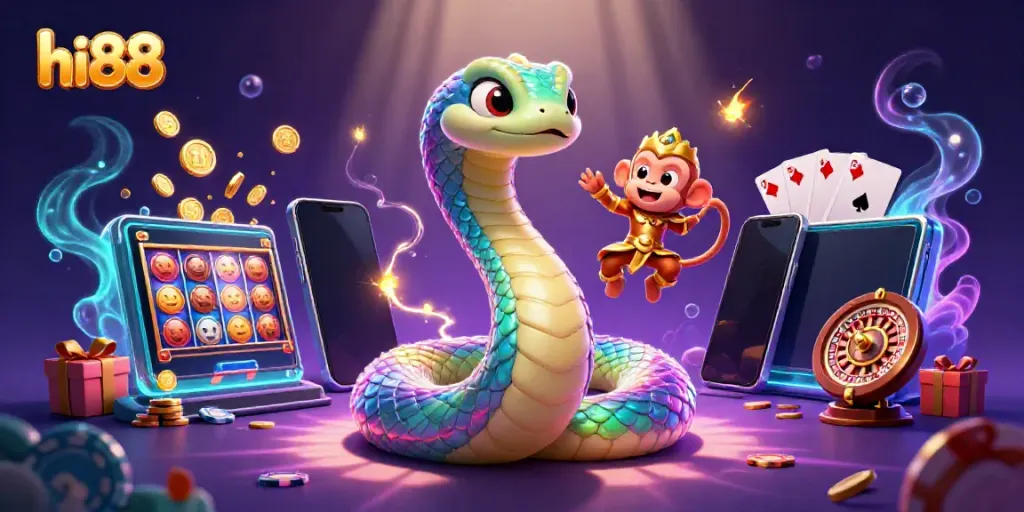 Engage with hi88's exciting realm featuring a rainbow serpent and a monkey king in a vibrant casino scene.