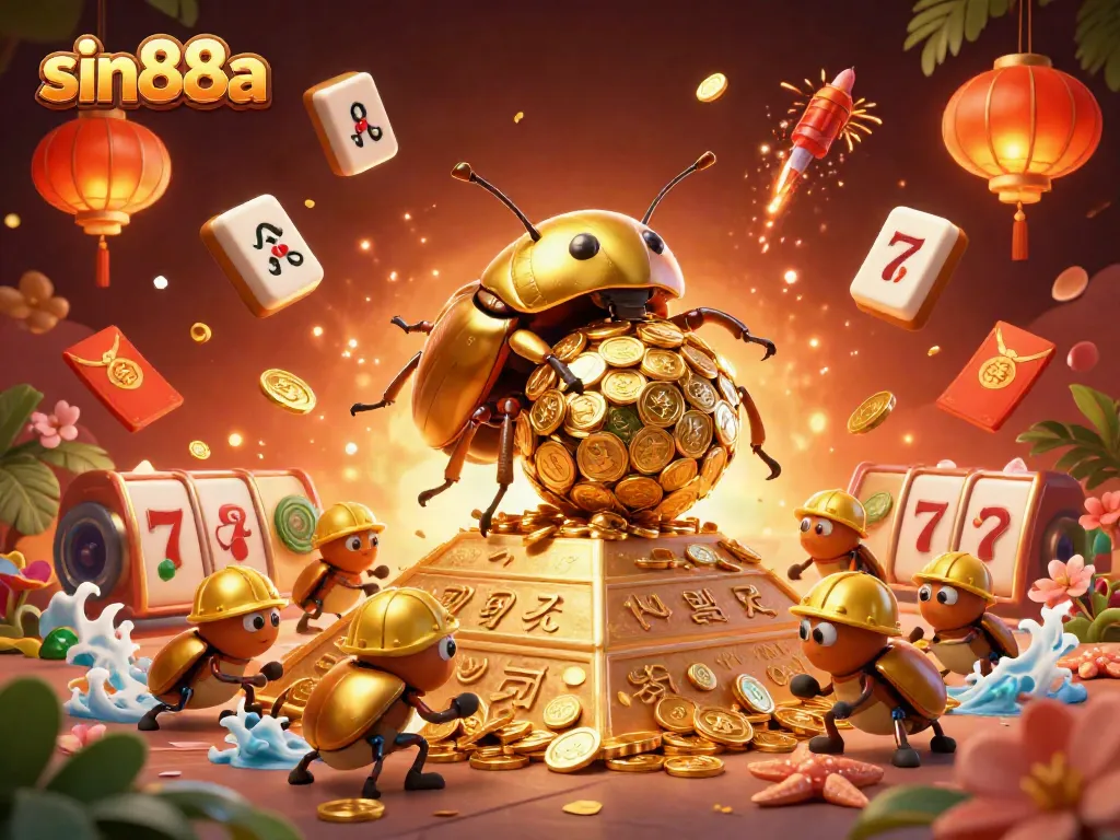 Engage in thrilling casino action with sin88a's vibrant golden beetle scene rolling coins.