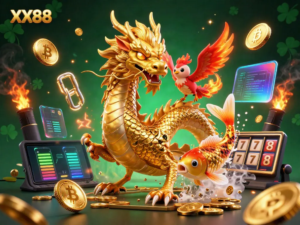 Engage in the exhilarating world of XX88 featuring a golden dragon and phoenix amidst coins.