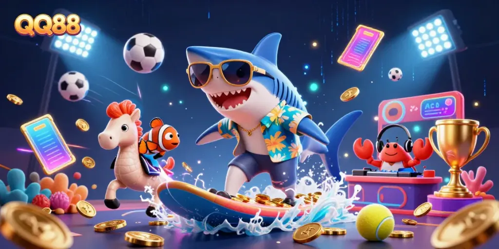 Enjoy thrilling gaming moments with QQ88's dynamic 3D casino scene featuring sports elements and colorful characters.