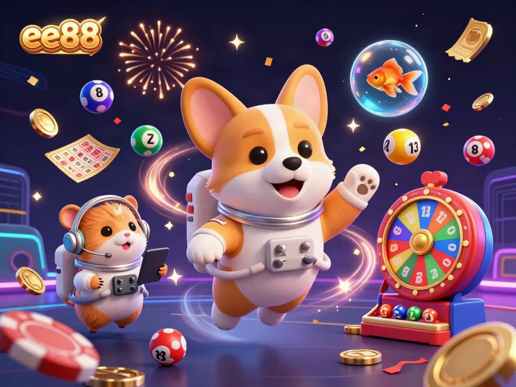 Engage with the vibrant ee88 casino scene featuring a corgi astronaut enjoying games in zero gravity.