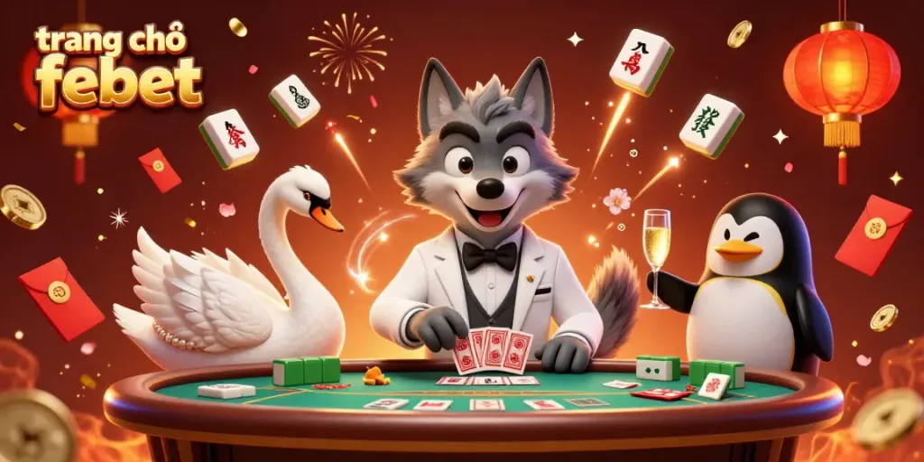 Experience the excitement of trang chủ febet with 3D cartoon characters celebrating at a lively baccarat table.
