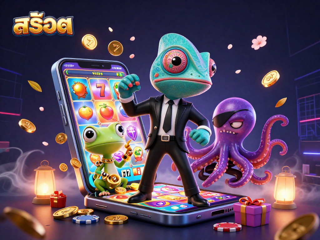 Experience thrilling สล็อต action with a vibrant illustration of a secret agent chameleon and friends amidst colorful slot game elements.