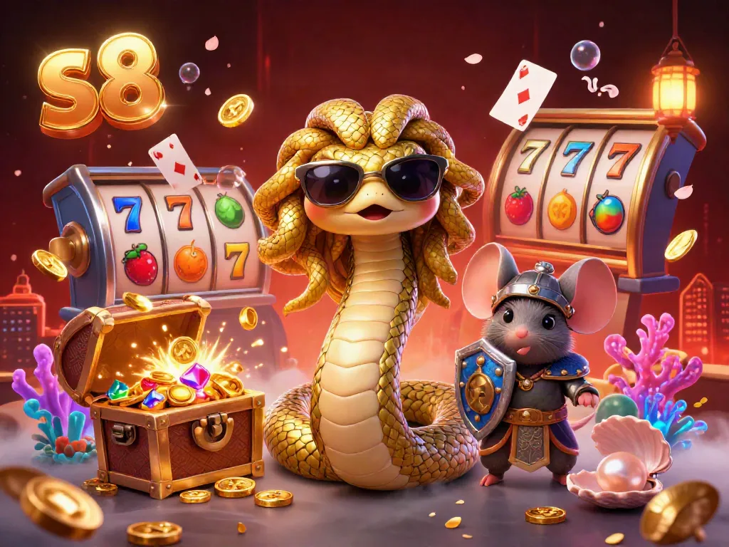 Experience winning moments at S8 casino with a vibrant 3D illustration of Medusa and her allies amid gold and colorful game elements.