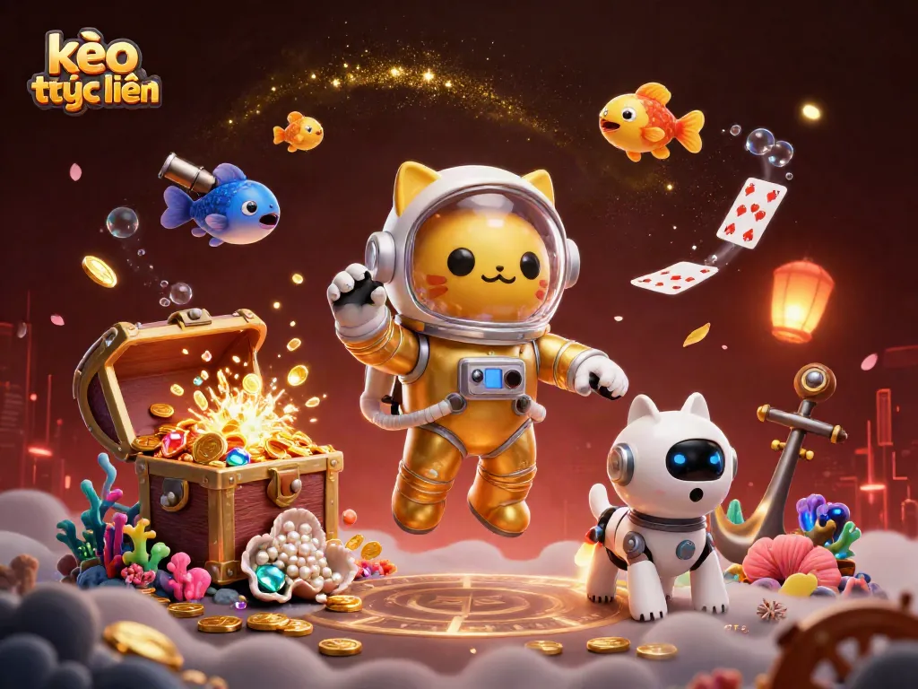 Join the fun of kèo trực tuyến with a vibrant, cosmic-themed 3D casino illustration.