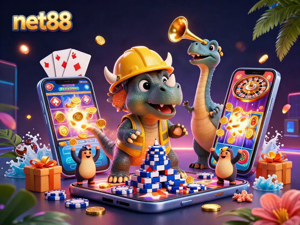 Experience net88's thrilling gaming atmosphere with a dynamic triceratops poker scene.
