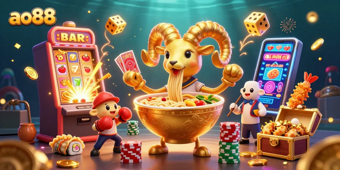 A thrilling ao88 gaming scene with a giant ramen bowl and casino elements bursting with excitement.