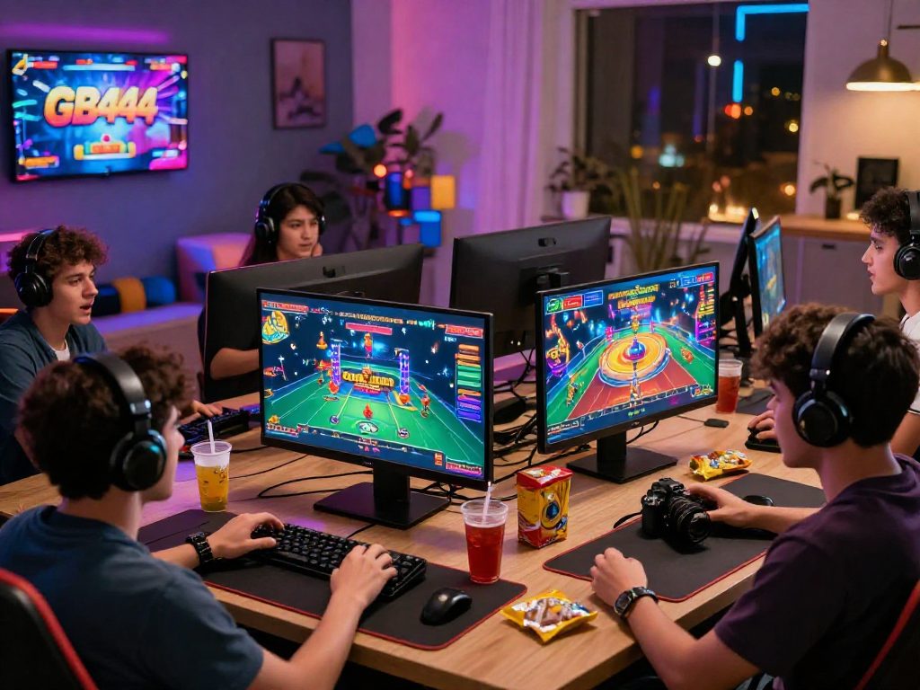 Players enjoying games on GB444 platform in a lively home gaming setup.