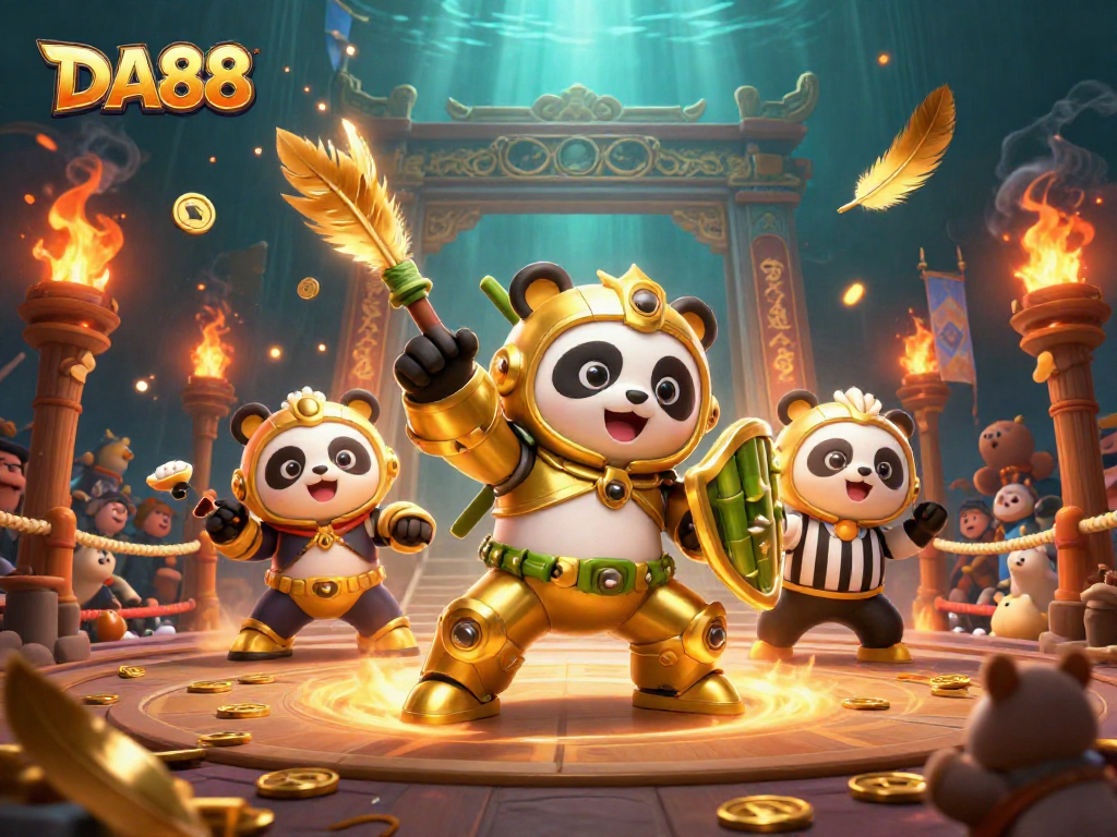 Experience thrilling action in DA88 with a golden panda pilot battling in an animated arena filled with coins and cheering crowds.