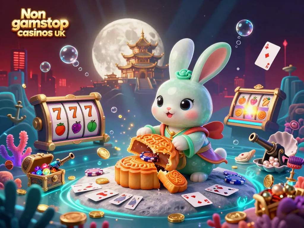 Engage with Non gamstop casinos UK in a vibrant 3D gaming fantasy featuring casino elements and lunar treasures.