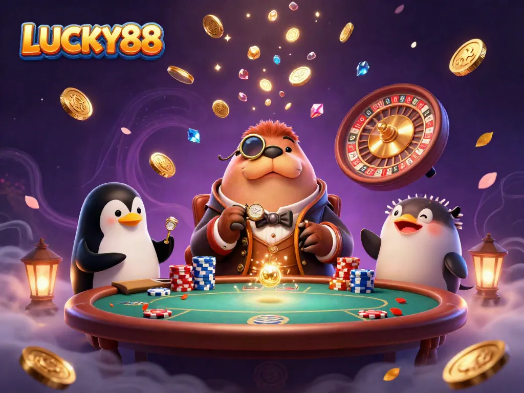Join the fun at LUCKY88 for an exciting underwater gambling scene featuring a jolly walrus and friends.