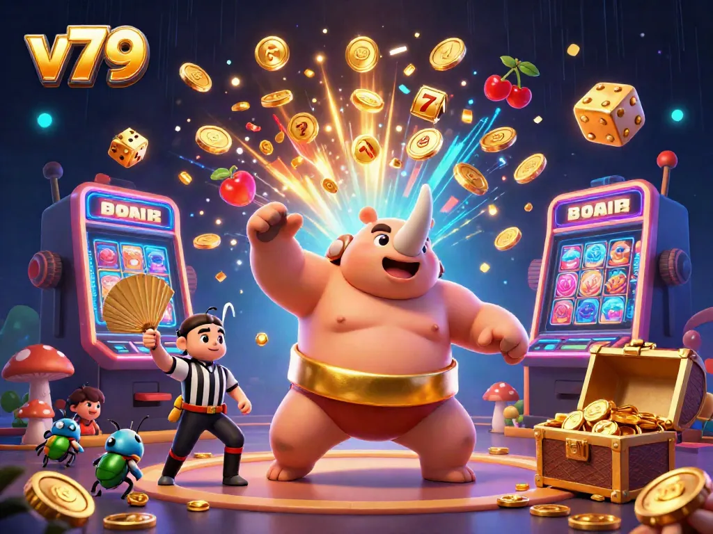 Experience the thrilling action at v79 with a dynamic casino scene featuring a sumo champion and vibrant rewards.