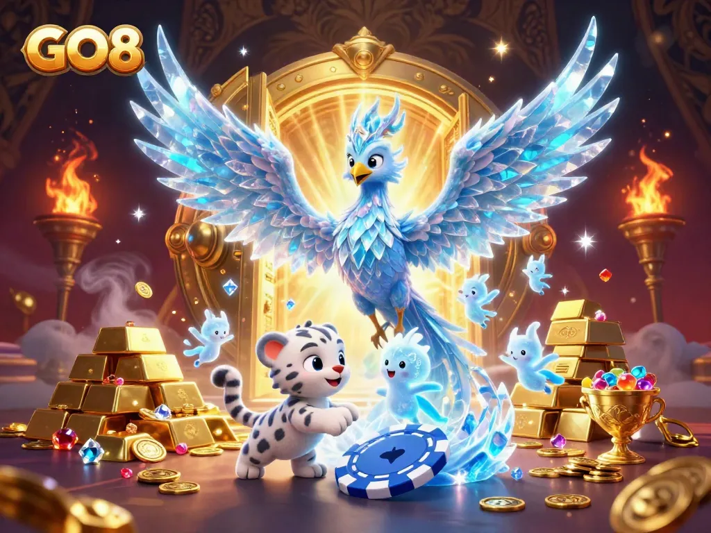 Experience the excitement of GO8 with a dazzling ice phoenix, poker chip, and a treasury of gold.