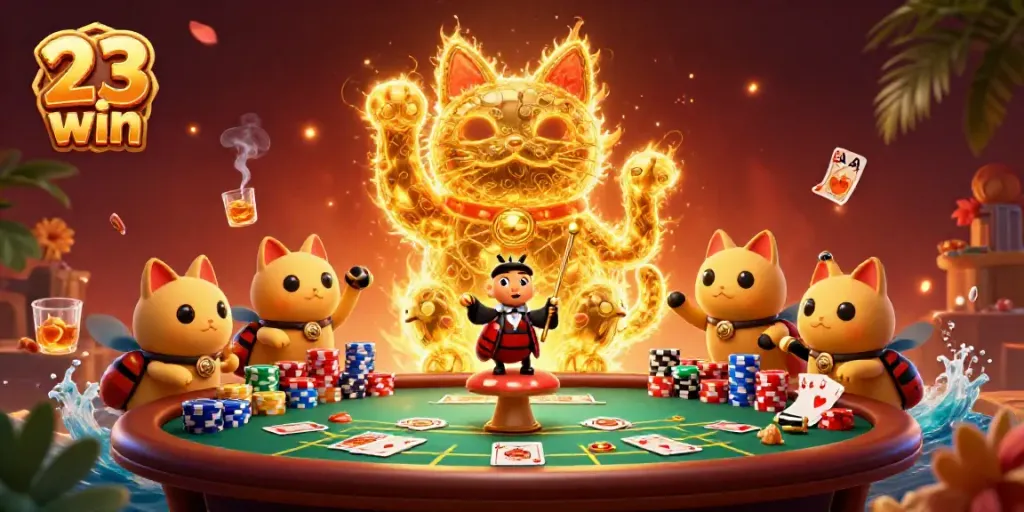 Experience the excitement of 23 win with a vibrant 3D golden lucky cat and dynamic casino elements.