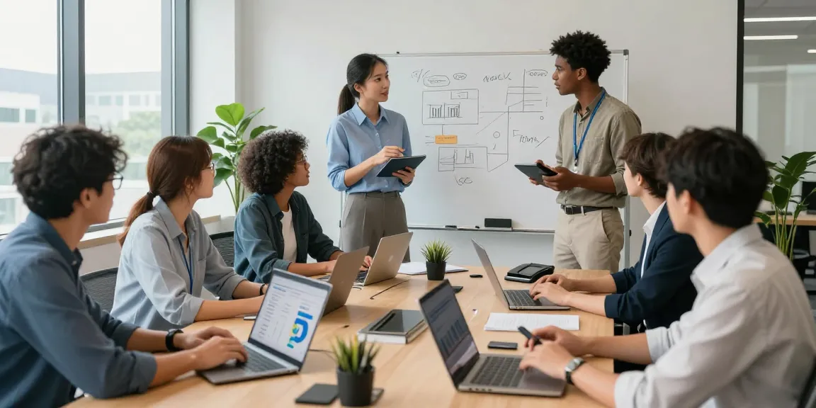 Team collaboration around office phone systems in a bright modern meeting space.
