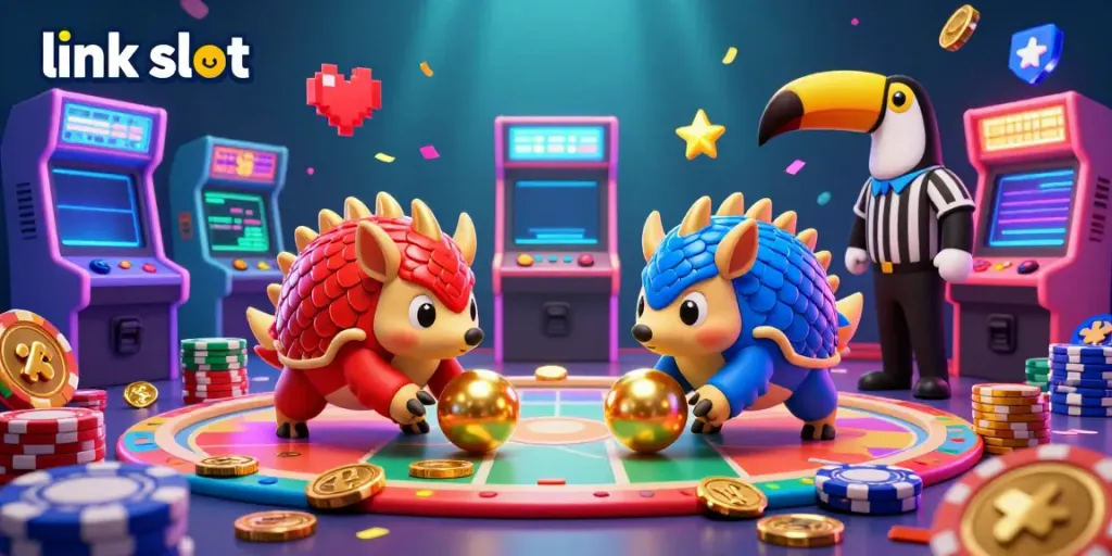 Experience the excitement of link slot gaming with rival pangolins amidst vibrant casino elements.
