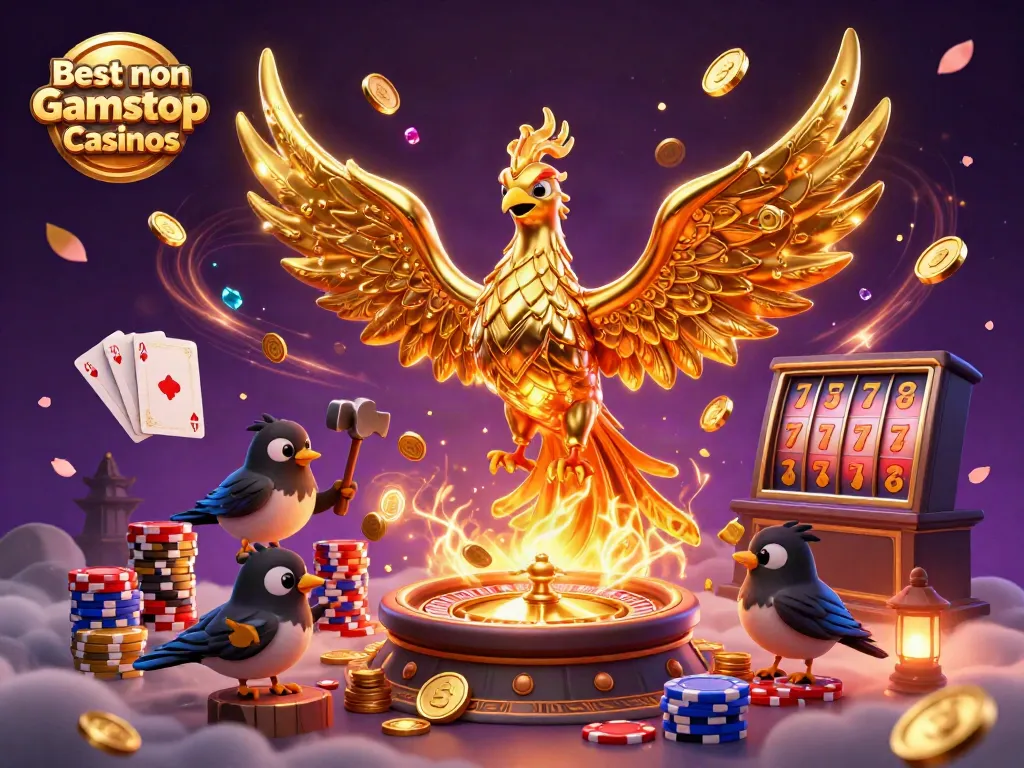 Experience the thrill at the Best non Gamstop Casinos with our vibrant 3D illustration showcasing golden wins!