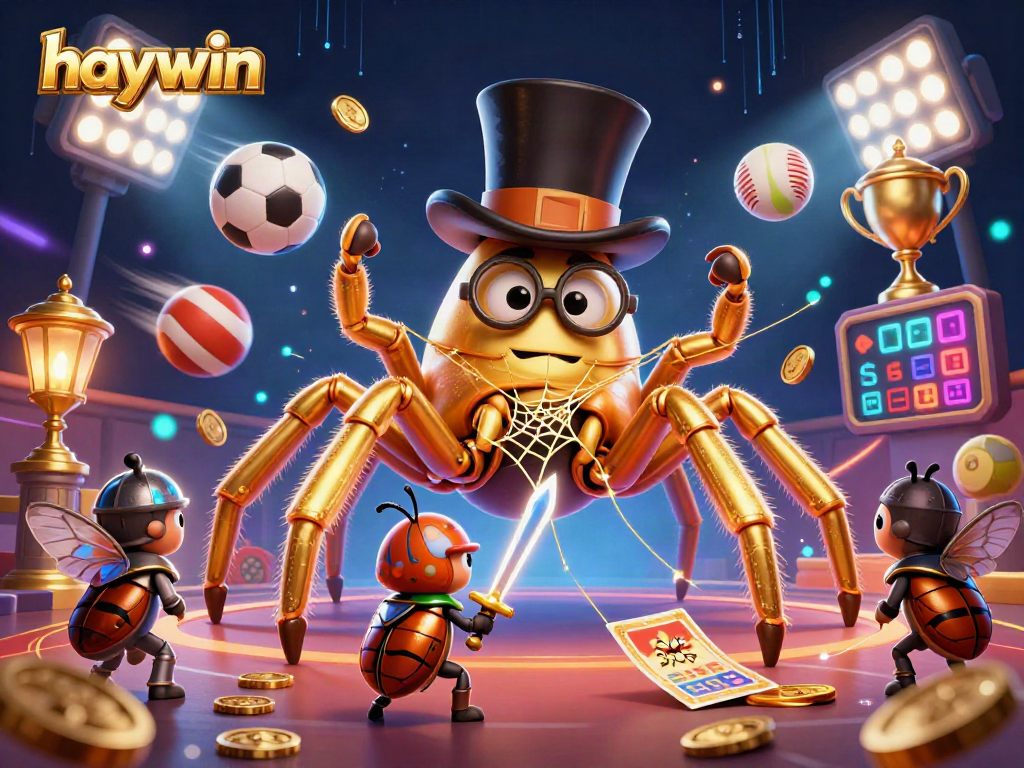 Engage with haywin's thrilling casino scene featuring a giant golden tarantula, a knight beetle, and sports betting elements.