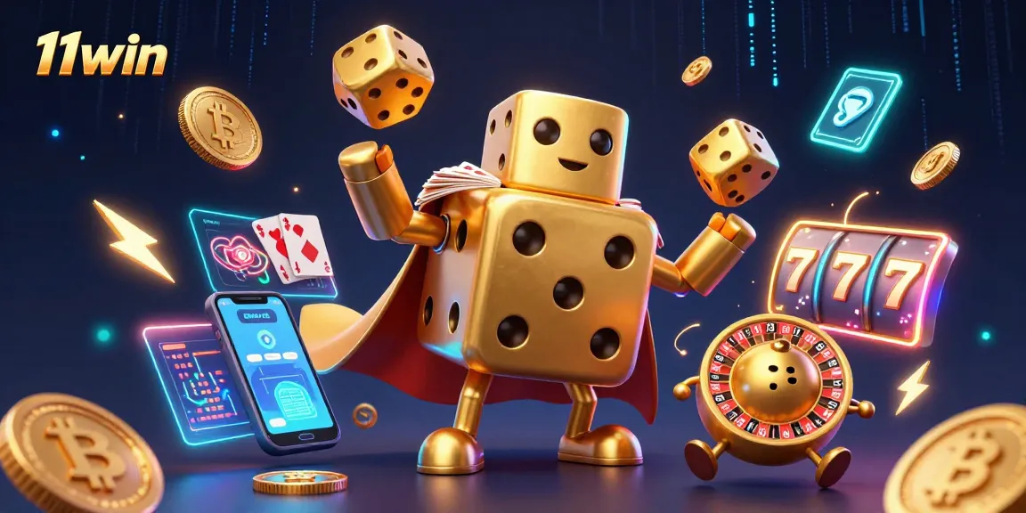 Engage with 11win's exciting casino scene featuring animated dice and vibrant crypto elements.